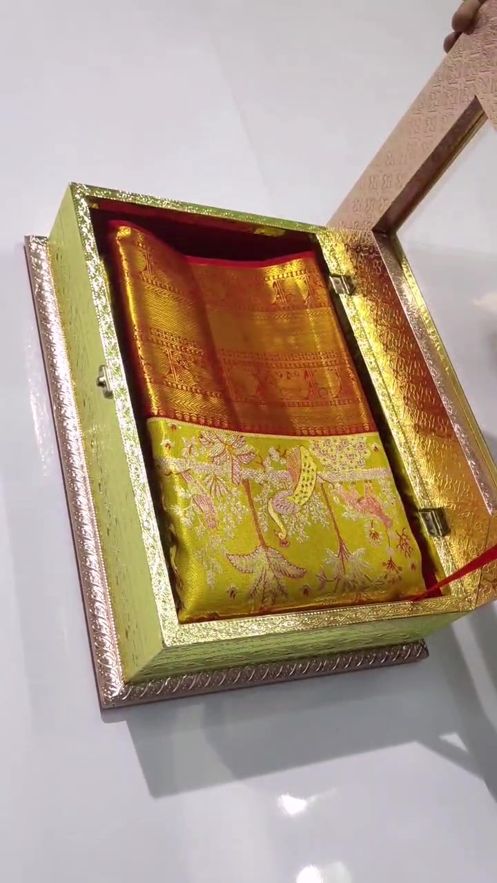 Gold & Red Kanchipuram Handloom Tissue Brocade Meenakari Bridal Saree